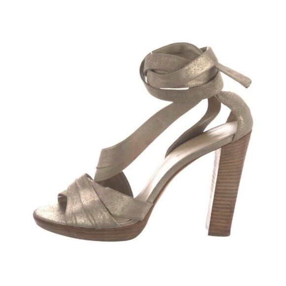 Hermes Authentic Beige Silver Metallic Strappy High Heel Sandals 10 - Picture 1 of 9